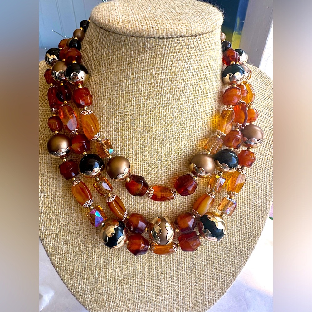VTG Japan Glass Amber Beaded Necklace bronze bead caps.